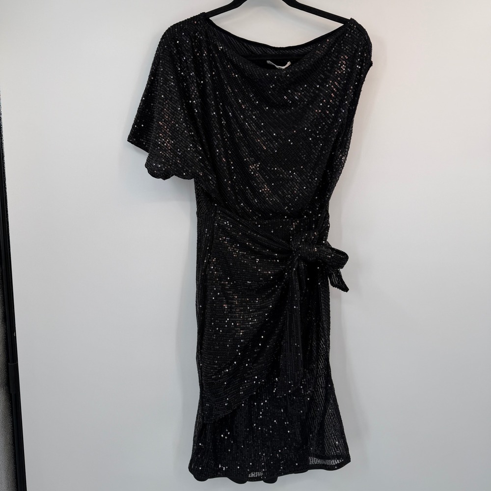 Grace Karin Black Sequin One Shoulder Wrap Cocktail Evening Dress Medium Glam